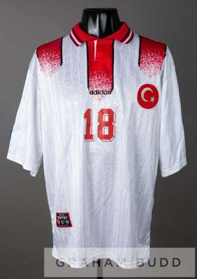 Two Turkey International jersey's, circa 1990s,
 comprising a white and red Turkey U-21 no.13 jersey, 1991-92, by Adidas, short-sleeved with country b
