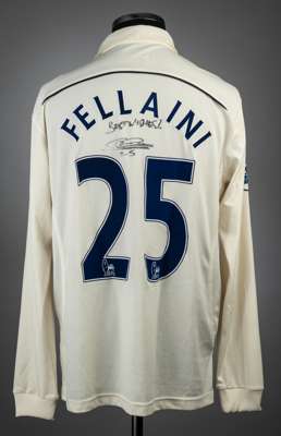 Marouane Fellaini signed cream Everton no.25 third choice jersey, season 2010-11,
 match-issue, Le Coq Sportif, long-sleeved with BARCLAYS PREMIER LEA