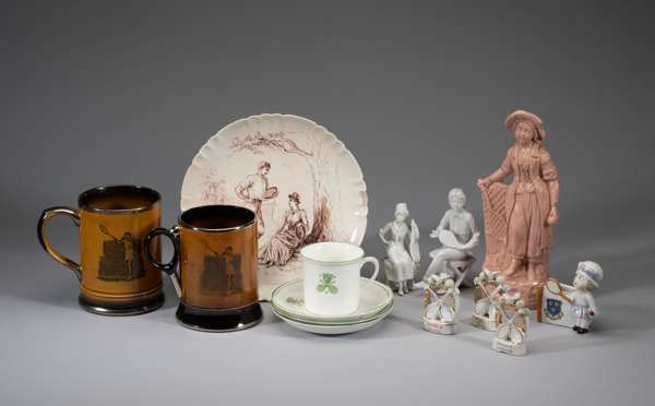 Rare hand-painted plate My All Pleasure of England, circa 1880, showing flat top rackets
 other tennis related porcelain including a cup and three sau