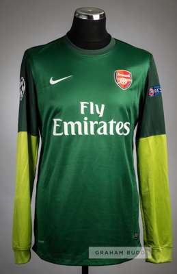 Vito Mannone green and lime Arsenal UEFA Champions League no.24 goalkeeper's jersey, season 2012-13,
 Nike, long-sleeved with UEFA STARBALL and RESPEC