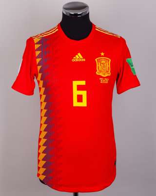 Andres Iniesta red and yellow No.6 Spain v. Morocco match issued short-sleeved shirt