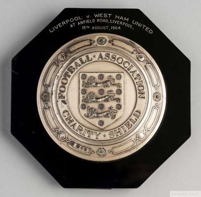 John "Budgie" Byrne West Ham United v. Liverpool 1964 silver and bakelite Charity Shield Plaque
 inscribed FOOTBALL ASSOCIATION CHARITY SHIELD, LIVERP