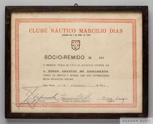 A framed paper certificate presented to Pelé on September 1, 1971,
 By the Clube Náutico Marcílio Dias, generally known as Marcílio Dias, a Brazilian 