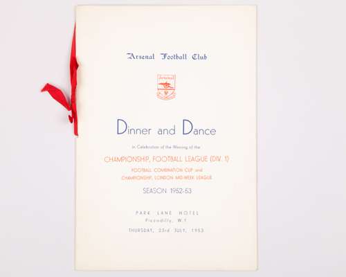 1952-53 Arsenal menu for the Dinner & Dance to celebrate winning the Football League