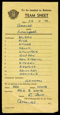 Official Football League team sheet: Arsenal v Liverpool 28th November 1970, hand-written Arsenal line-up, confirmation of playing colours and signed-