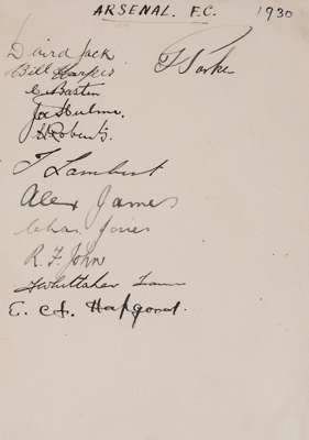 Autographs of the Arsenal 1930 football team, 12 signatures in ink on an album page comprising Jack, Harper, Bastin, Hulme, Roberts, Lambert, James, J