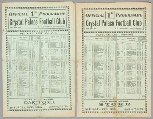 Two Crystal Palace home programmes,
 Southern F.L. Division One fixture v QPR 26th December 1911 and a F.A. Cup 2nd Round tie v Sunderland 3rd Februar