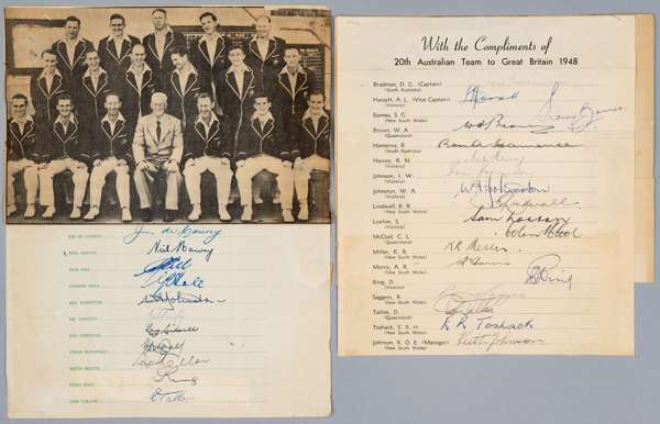 Official Australian cricket 1948 autographed team sheet,
 signed by all 18 tour party, includes Bradman, Sidney, Barnes is normal hand stamp (had inju