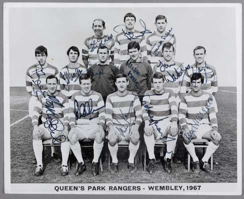 QUEENS PARK RANGERS 1967 LEAGUE CUP WINNERS FULLY AUTOGRAPHED TEAM PHOTOGRAPH  

The 1967 Football League Cup Final was between Queens Park Rangers (Q