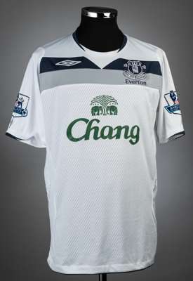 Jose Baxter white, grey & navy Everton no.37 away jersey, season 2008-09,
 match-issue, Umbro, short-sleeved with BARCLAYS PREMIER LEAGUE sleeve badge