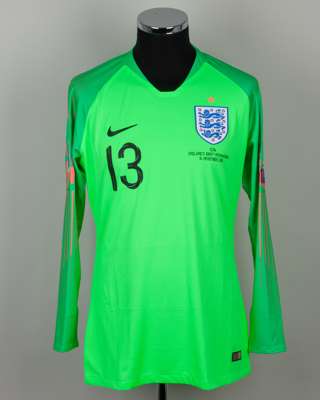 Nick Pope green and pink No.13 England v. Montenegro keeper shirt, 2019