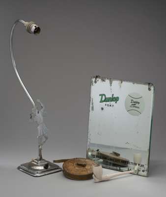 Collection of Tennis related items, 
 includes chrome plated Art Deco table lamp with stylised tennis figure, Clay pipe, Fort Dunlop Advertising mirro