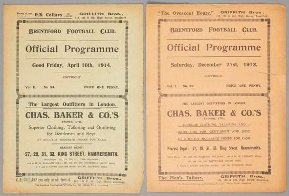 Two Brentford programmes v Welsh opposition,
 Southern League Division One fixture v Merthyr Town 21st December 1912 and the Division Two match v Aber