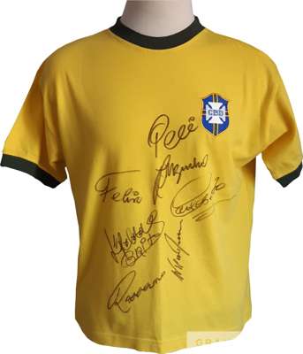 Mexico 1970 World Cup replica Brazil shirt hand signed by seven of the Brazil