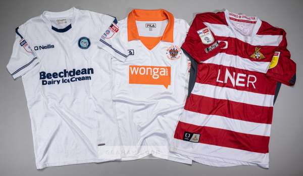 Three EFL players' jerseys,
 comprising Paris Cowan-Hall signed white Wycombe Wanderers no.12 third choice jersey, season 2017-18, short-sleeved with 
