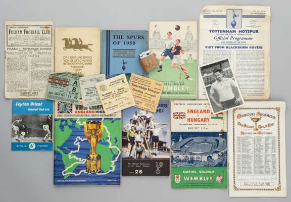 Programmes, tickets and memorabilia,
 including Dave Mackay signed photo, 1966 World Cup souvenir tea towel, match tickets for internationals and Spur