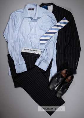 Portsmouth FC 2008 FA Cup final Jeff Banks designed black pinstriped wool suit, 
 comprising single breasted blazer, trousers, blue, pale blue shirt b
