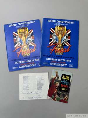 Two England v. West Germany 1966 World Cup Final match programmes, 30th July
 played at Wembley, Geoff Hurst autograph (2) and 1966 Souvenir booklet (