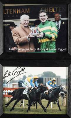 Lester Piggott signed colour photograph of his 'final' winner before his 'retirement' at Nottingham aboard Full Choke 29th October 1985,
 signed in bl