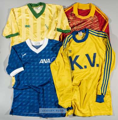 Collection of football jerseys and equipment,
 comprising Adidas yellow no.15 long-sleeved jersey, bearing K.V. lettering to front, reverse numbered 1