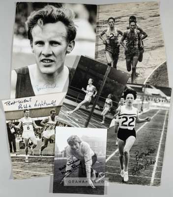 Selection of signed b&w action press photographs of British athletes,
 including Robbie Brightwell (5), Adrian Metcalfe, Martin Hymann, David Bedford,