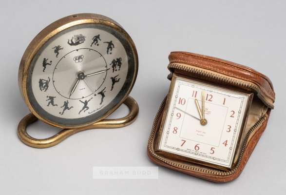 A travel clock presented to Duncan Edwards of Manchester United on the occasion of the match v Glasgow Celtic, 16th April 1956,
 inscribed in gilt on 