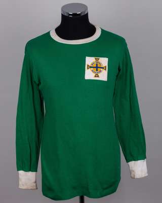 Green and white No.2 Northern Ireland match worn long-sleeved shirt, 1965-67