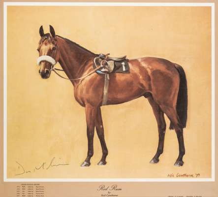 Red Rum print by Neil Cawthorne, 1979, signed in pencil by Donald 'Ginger' McCain,
 featuring Red Rum saddled up with racehorse legend below, signed i