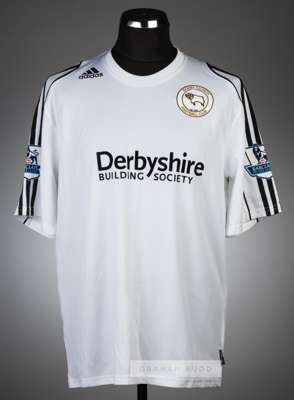 Six football jerseys,
 comprising:
 Darren Moore Derby County no.23 home jersey, season 2007-08,
 short-sleeved with BARCLAYS PREMIERSHIP sleeve badge
