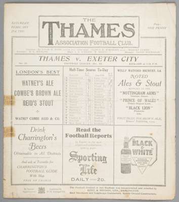 Thames v Exeter City programme 21st February 1931,
 F.L. Division Three South fixture

 1930-31 was Thames AFC's first of two seasons in the Football 