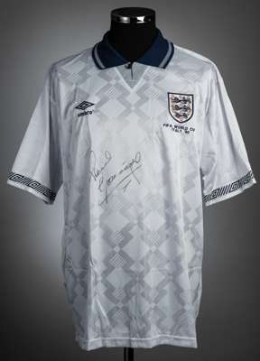 Paul Gascoigne signed white England World Cup 1990 limited edition retro jersey,
 Umbro short-sleeved with England three lion badge and embroidered wi