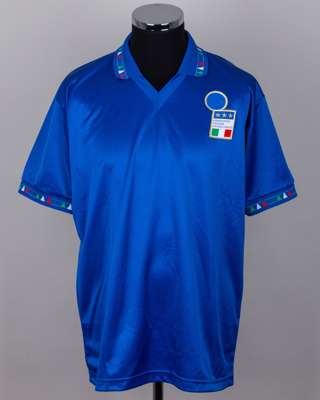 Paolo Maldini blue No.3 Italy v. Switzerland match worn short-sleeved shirt, 1993