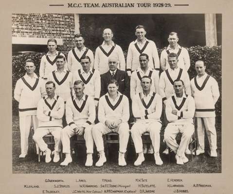 An official photograph of the MCC 1928-29 Touring Team to Australia, 
 20 by 27cm., 8 by 10 1/2in. b&w team-group photograph with manuscript title and
