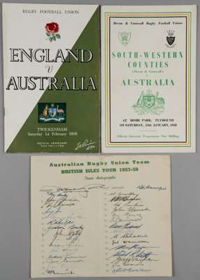 Australia to British Isles 1957-58 scarce Official Rugby Union autograph team sheet,
 neatly autographed in ink by the complete Australian squad and m