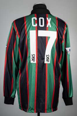 Neil Cox green, red and black Aston Villa no.17 away jersey, season 1993-94,
 Asics, long-sleeved with THE FA PREMIER LEAGUE sleeve badges, club crest