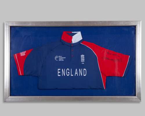 Andrew Flintoff autographed blue England Champions Trophy short-sleeved shirt display, 2008