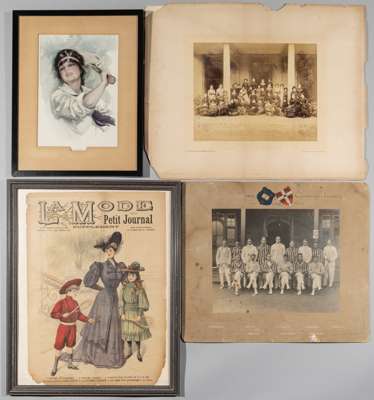 Tennis group, print by Harrison Fisher, a copy of La Mode with tennis players, Oxford v Cambridge tennis photograph and photograph of a school tennis 