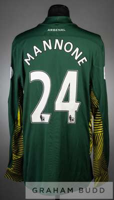 Vito Mannone green, yellow and black Arsenal no.24 goalkeeper's jersey for Asia Tour 2011,
 long-sleeved with ARSENAL ASIA TOUR 2011 sleeve badges, cl