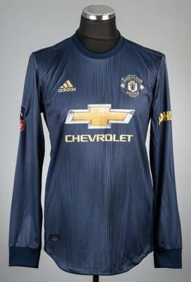 Alexis Sanchez navy Manchester United no.7 third choice jersey, season 2018-19,
 Adidas, long-sleeved with THE EMIRATES FA CUP sleeve badge, club cres