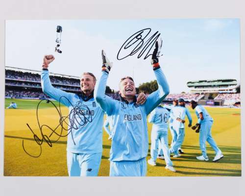 Joe Root and Jos Buttler signed World Cup photograph