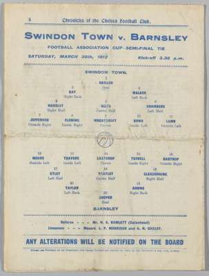 F.A. Cup semi-final programme Swindon Town v Barnsley, played at Chelsea's Stamford Bridge, 30th March 1912,
 8-page, team line-up on reverse page, ve
