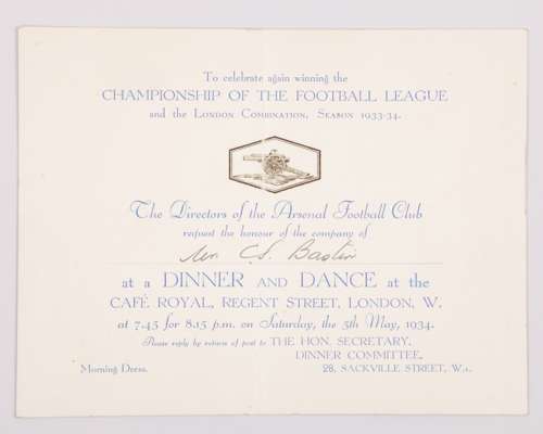 Cliff Bastin invitation to attend the Dinner & Dance to celebrate 1934 Championship