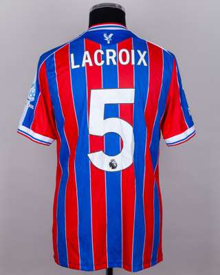 Maxence Lacroix red and blue No.5 Crystal Palace v. Liverpool match worn shirt