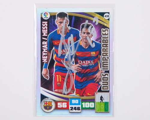 Lionel Messi autographed Barcelona Panini No.430 Neymar/Messi Adrenalyn XL trading card