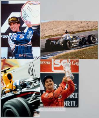 British Formula 1 stars signed photographs, 
 signed in black marker pen, includes Lewis Hamilton, Damion Hill, Nigel Mansell, David Coulthard, Jackie