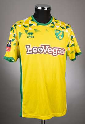 Grant Hanley yellow, green and white No.31 Norwich City v. Portsmouth short-sleeved jersey, 2018-19, 
 Errea, L, with crew-neck collar and badge, the 