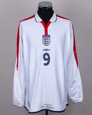 Shola Ameobi white, red and blue No.9 England Under 21 long-sleeved shirt, 2003