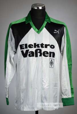 White, black and green Borussia Monchengladbach no.13 jersey, late 1980s,
 Puma, long-sleeved, with Puma logo and ELEKTRO VABEN sponsor logo, reverse 