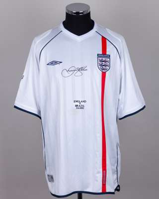 David Beckham autographed white England v. Brazil replica short-sleeved shirt, 2002