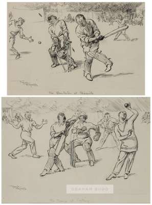Frank Reynolds (British, 1876-1953) two cricketing drawings for Punch magazine, circa 1930s
 Both pen and ink, the first titled "The Tango at Tooting"